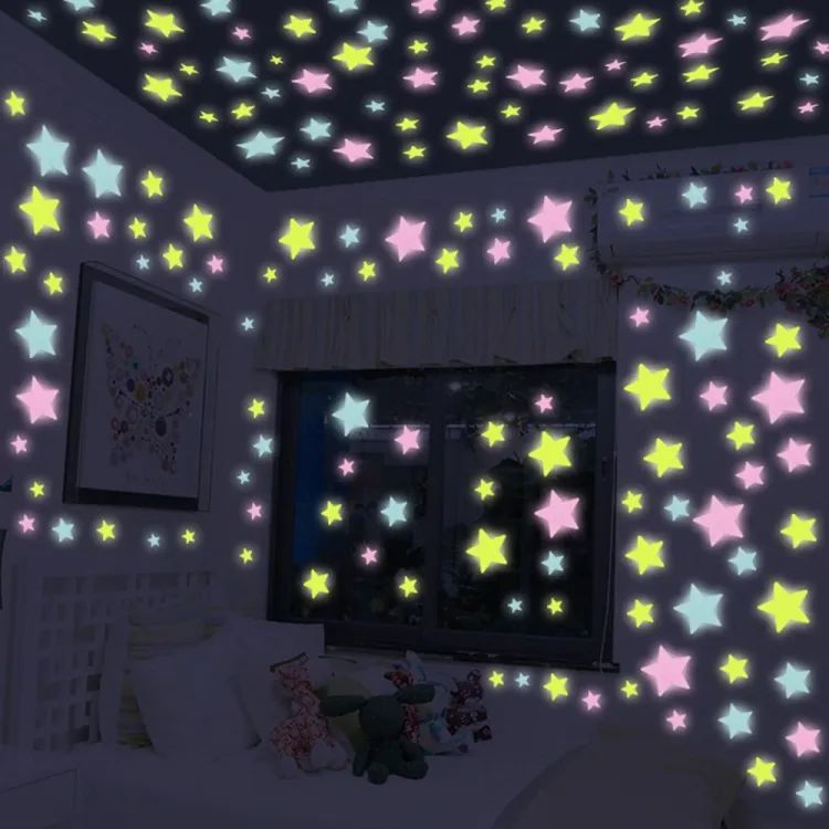 Pack of 100 - 3D Stars Glow In The Dark Wall Stickers Luminous Fluorescent Wall Stickers For Kids Baby Room Bedroom Ceiling Home Decor