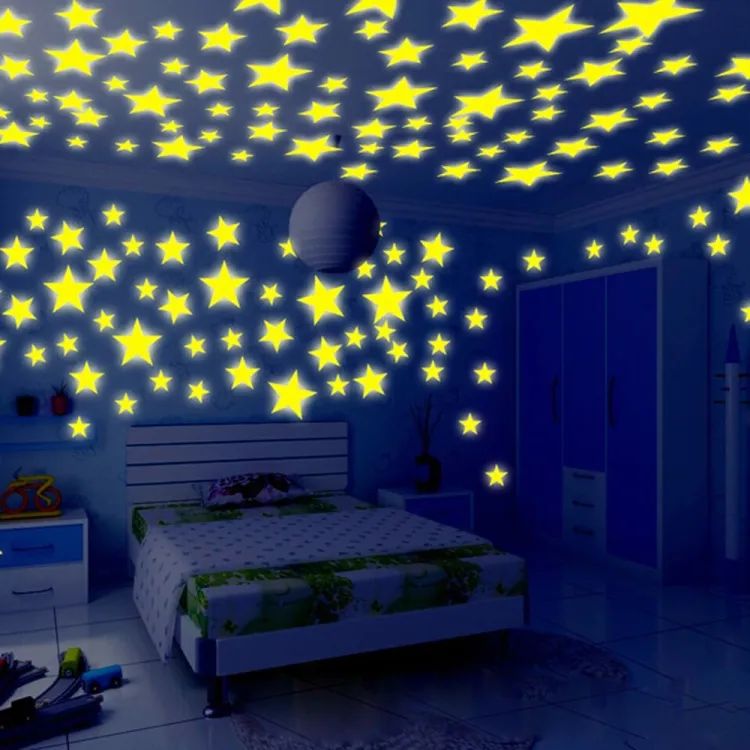 Pack of 100 - 3D Stars Glow In The Dark Wall Stickers Luminous Fluorescent Wall Stickers For Kids Baby Room Bedroom Ceiling Home Decor
