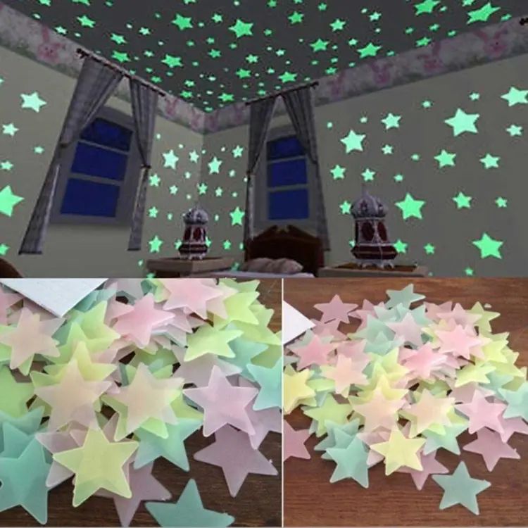 Pack of 100 - 3D Stars Glow In The Dark Wall Stickers Luminous Fluorescent Wall Stickers For Kids Baby Room Bedroom Ceiling Home Decor